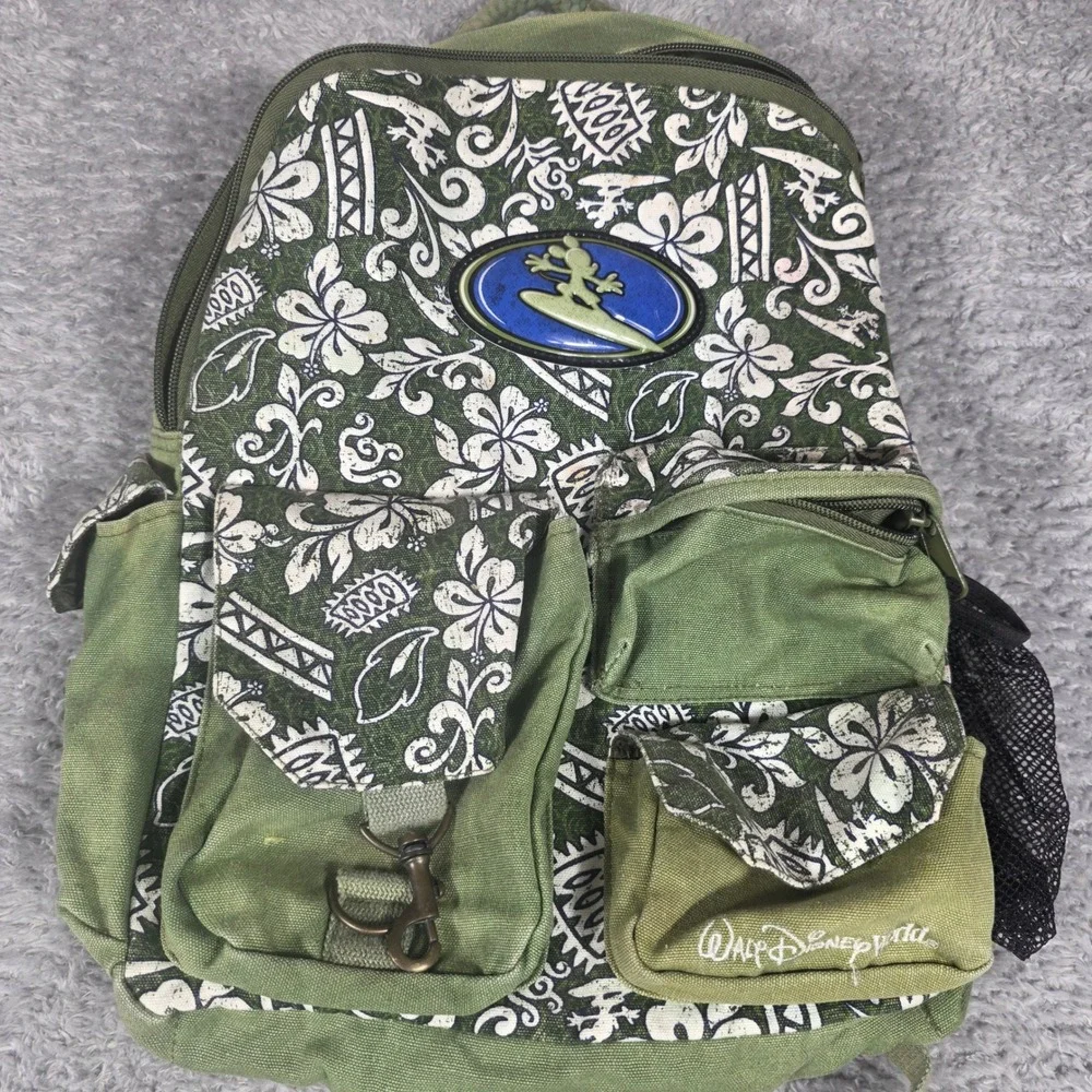 Walt‎ Disney World Kids Backpack Green Tropical Hibiscus Surf Lizard 15in